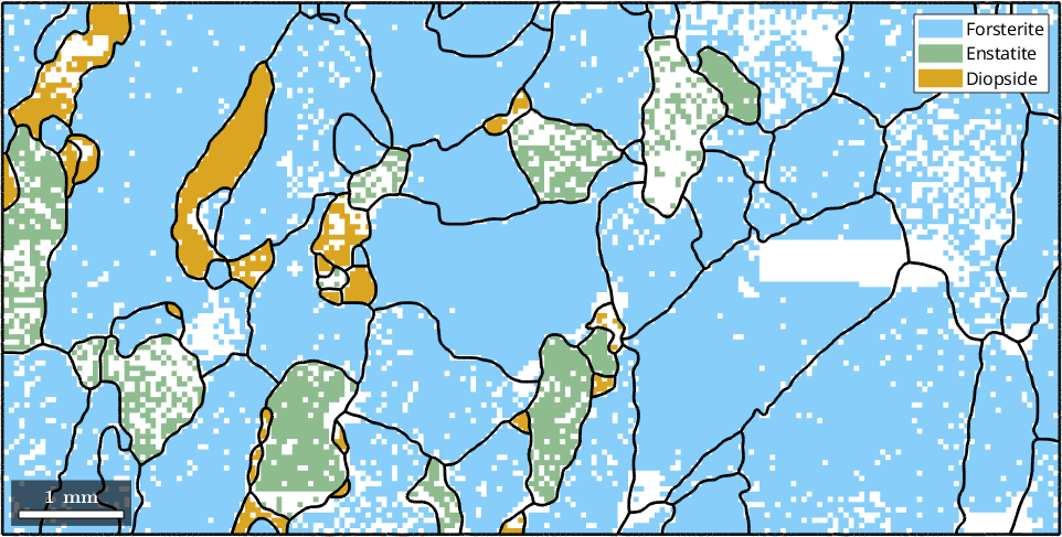 A grain size map (a) and a phase map (b), which is combined with the